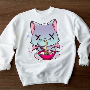 Creepy Kawaii Pastel Goth Cat Eating Ramen Sweatshirt / Hoodie